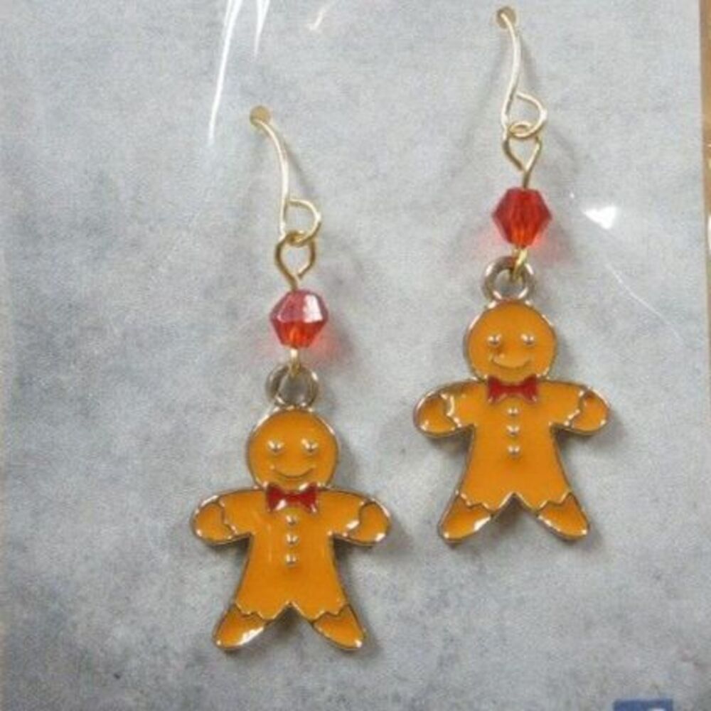Gingerbread Handmade Christmas Holiday Earrings - Red Glass‎ 18K GP Ear Wires - Picture 2 of 2